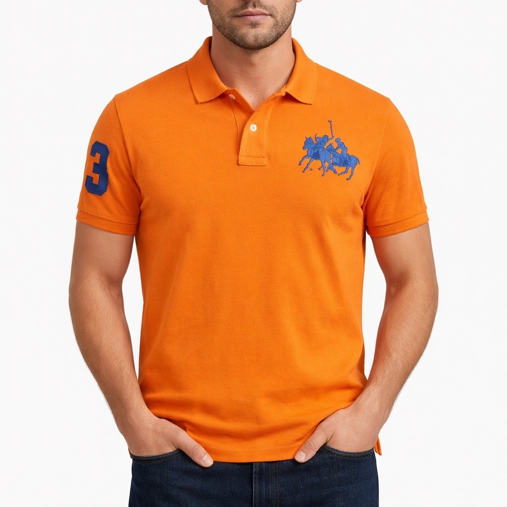 Polo Ralph Lauren Mens XL Blue Big Pony Logo  Bright Orange Green 3 on Sleeve